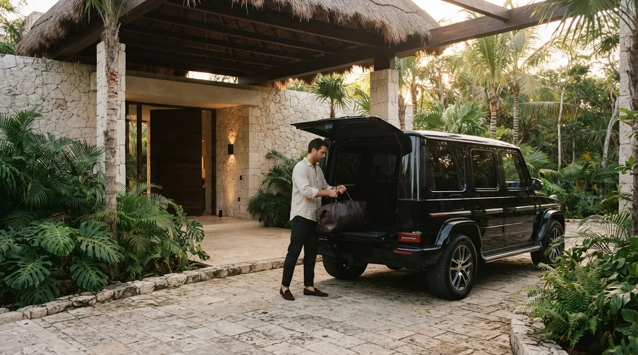 Vehicle at the entrance of a Tulum residence