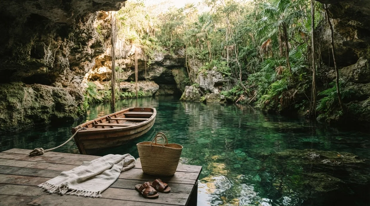Sunlit cenote in the Tulum region
