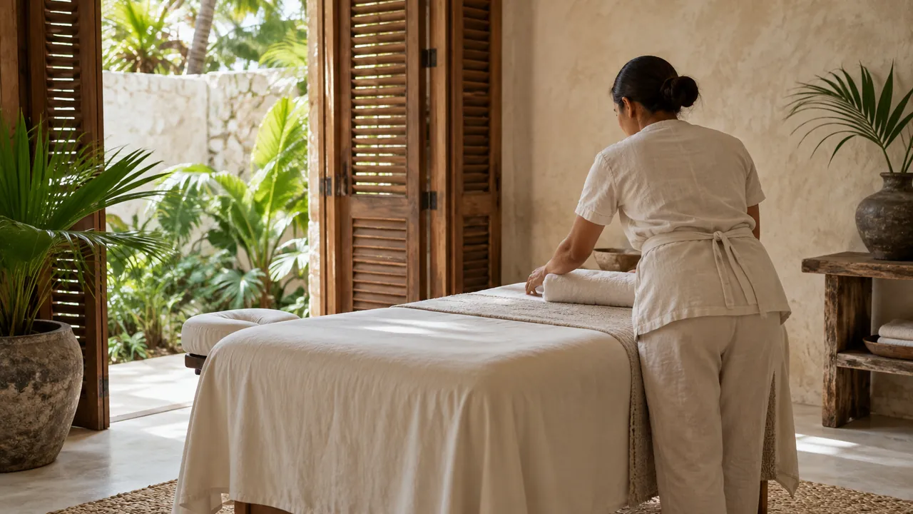 Therapist preparing a massage table in a private villa