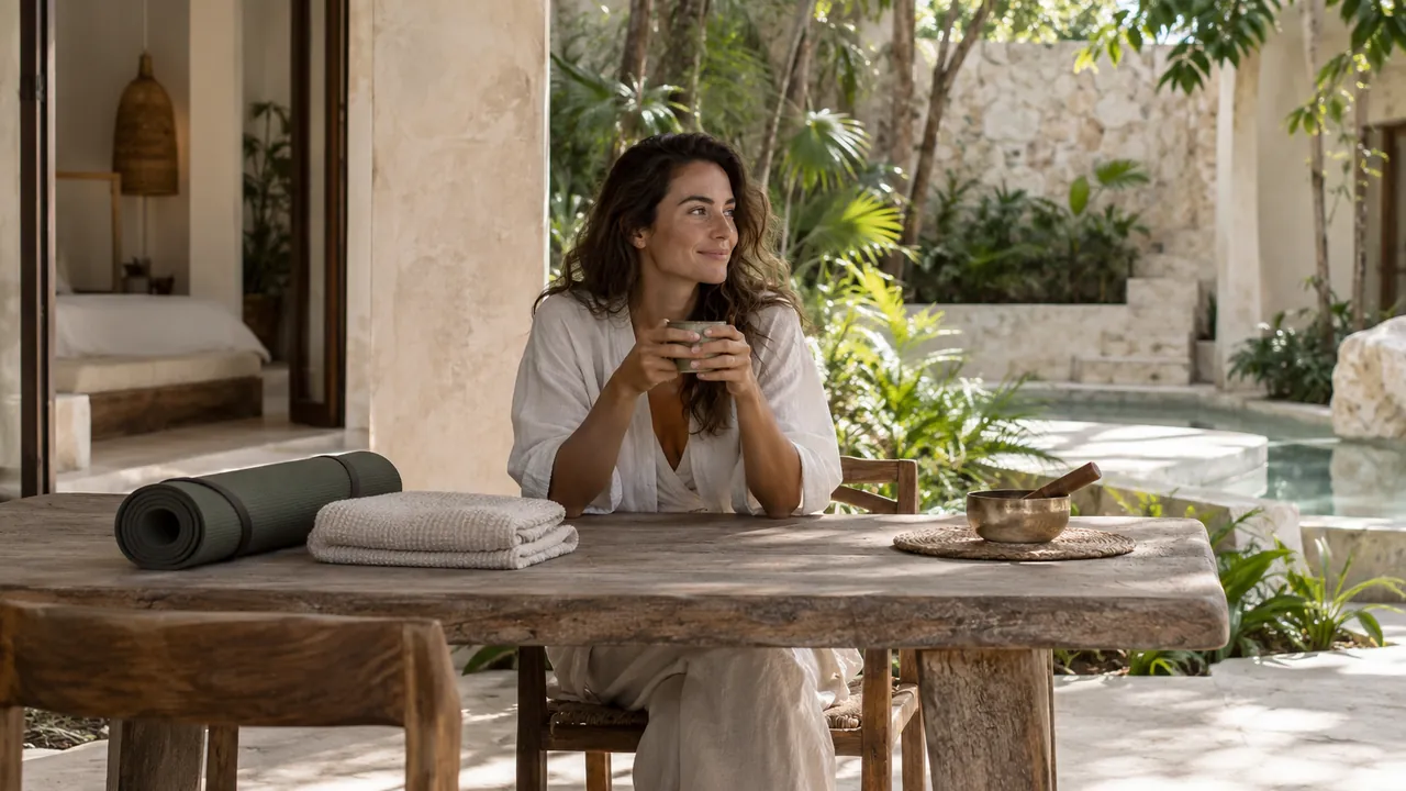 Guest resting beside a yoga mat and sound bowl at a Tulum villa